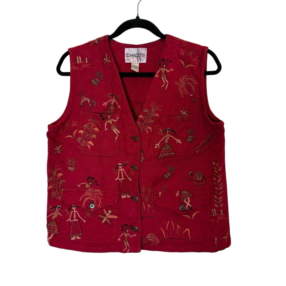 Chico's Women’s Red Cotton Embroidered Storyteller Button Front Western Vest